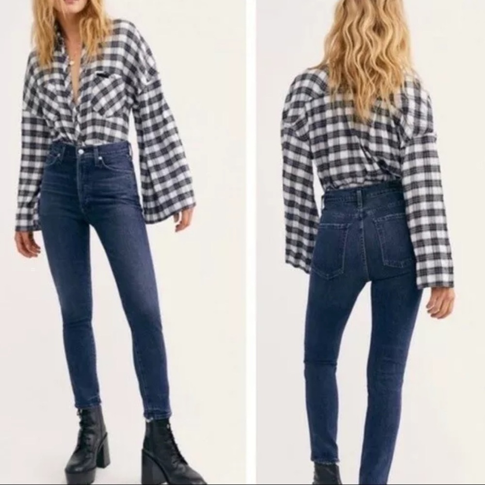 Free People We The Free High Waist Skinny Jeans Dark Wash Button Fly Size 24